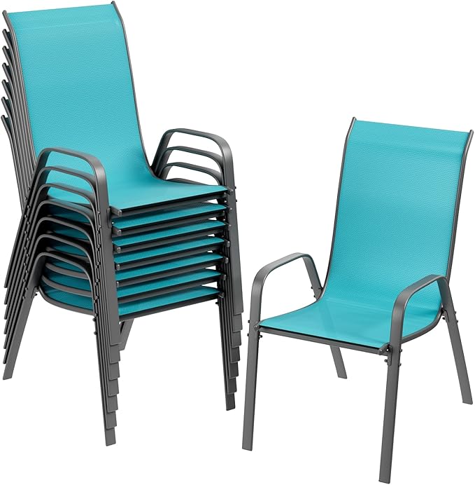 TLSUNNY Patio Chairs, Stackable Textilene Outdoor Dining Furniture for All Weather, with 17.7″ Wide Seat & Metal Frame, for Garden, Backyard, Deck, Restaurant, Poolside (8, Turquoise Blue, 26.4″) by TLSUNNY