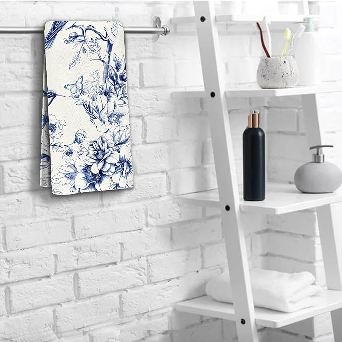 Blue Floral Hand Towels for Bathroom Humingbird Kitchen Towels Watercolor - Image 5