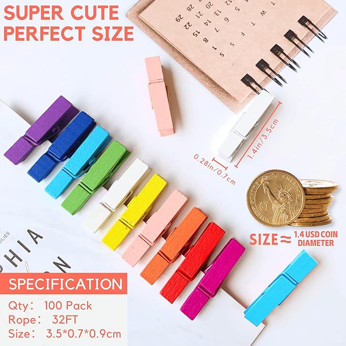 Mini Clothes Pins for Photo, Small Colored Clothespins 100 Pack Wooden Rainbow - Image 5