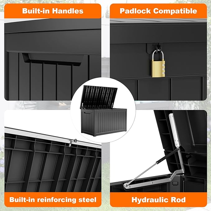 280 Gallon Resin Deck Box, Lockable Weatherproof Outdoor Storage Box for Furniture, Garden Tools and Tools Storage, Waterproof Outside Storage Boxes - Black - Image 5
