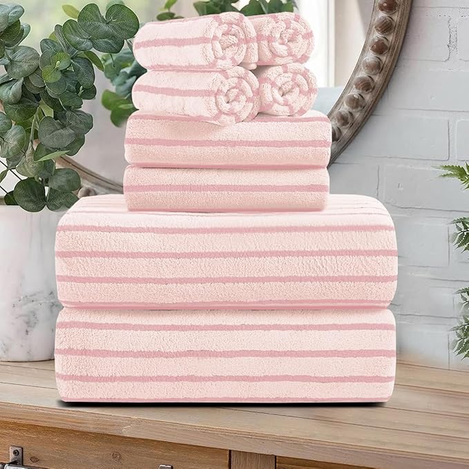 Oliven 8 Pcs Pink Cabana Stripe Large Bath Towels Set Oversized Bath Sheet-2 by Oliven