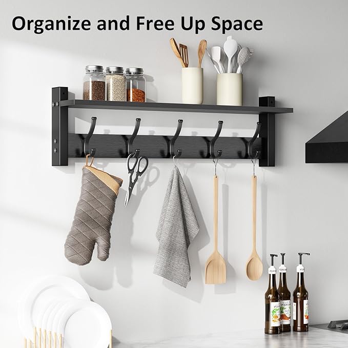 Coat Rack Wall Mount with Shelf, 24 Inch Coat Hanger Walls Mounted, Hat Rack - Image 6