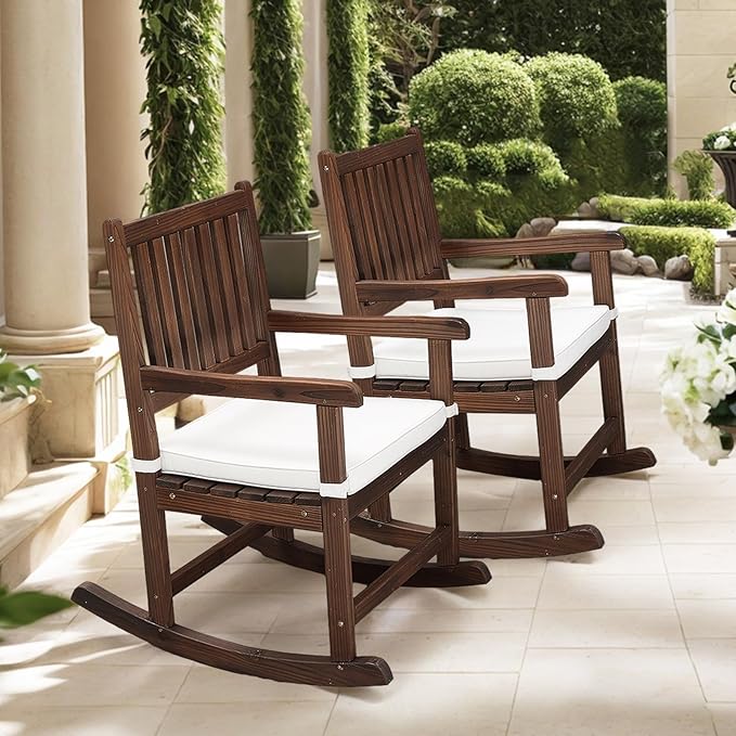 VINGLI Outdoor Rocking Chair, Weatherproof Rocker with Cushion, Wooden Rocking Bench Support 450 LBS for Patio, Yard, Garden, Outdoor or Indoors, Rustic - Image 2