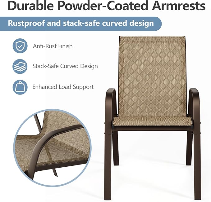 SWITTE Patio Chairs Set of 4 with Armrests, Outdoor Stackable Dining Chairs with Breathable Backrest and Metal Frame for Lawn, Garden, Deck, Poolside, Beige - Image 8