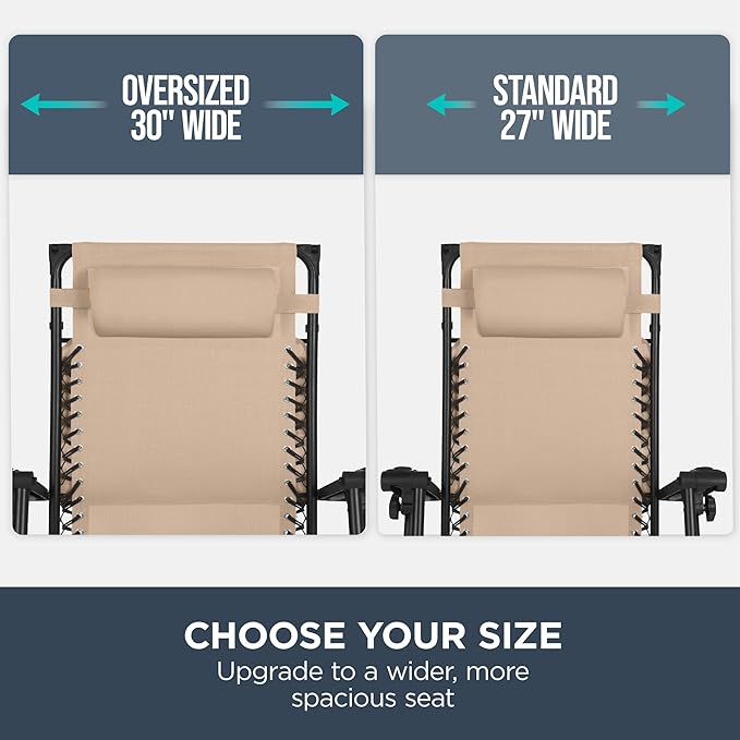 Best Choice Products 30” Wide Folding Zero Gravity Outdoor Recliner Patio Lounge Chair w/Adjustable Canopy Shade, Headrest, Side Accessory Tray - Beige - Image 4