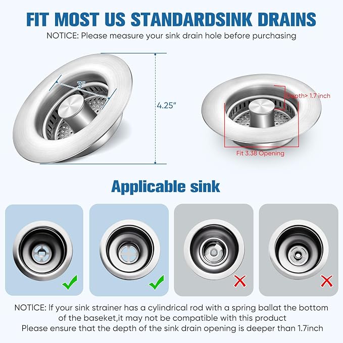 Sink Drain Strainer Kitchen Sink Drain Strainer&Sink Stopper, Stainless Steel - Image 5