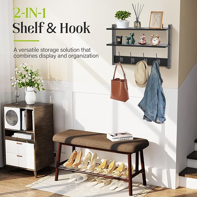 Two-Tier Wall Shelf with Hooks, Entryway Key Hooks - Image 5