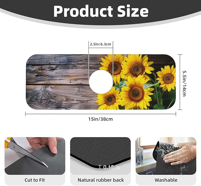 Kitchen Sink Splash Guard Faucet Mat Board Vintage Sunflowers 15"x5.5" - Image 2