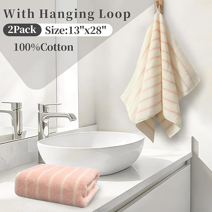 VOOVA & MOVAS Pink Stripe Natural Cotton Hand Towels Set of 2, Bathroom & - Image 4