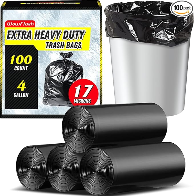100 Count 17 Micron Extra Heavy Duty 4 Gallon Trash Bags, Sturdy & by Wowflash