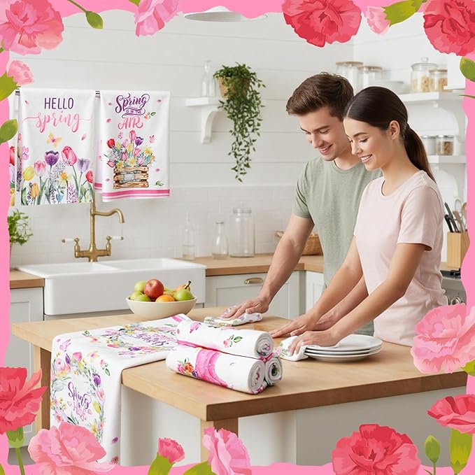 Breling Set of 6 Spring Kitchen Towels Tulip Dish Towel Flower Bathroom - Image 5