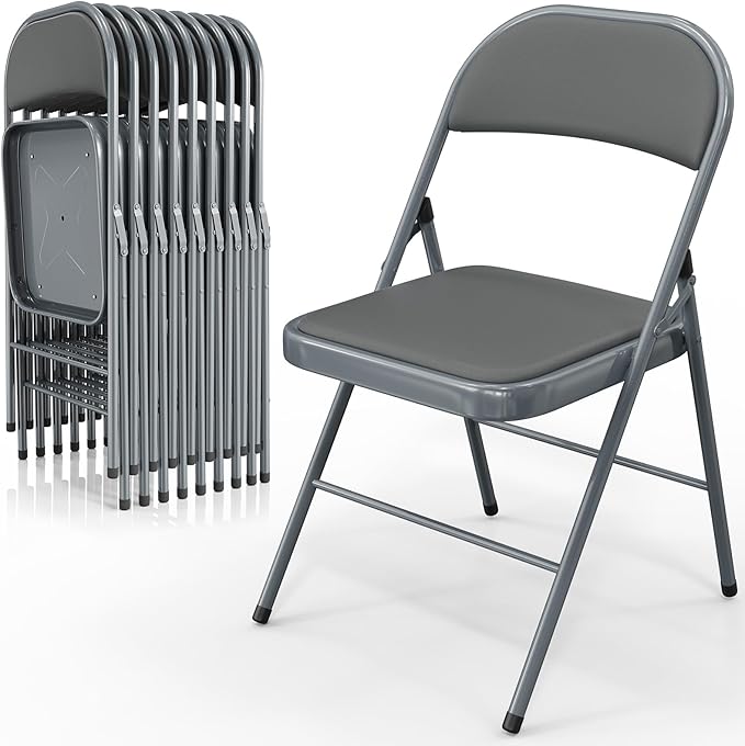VINGLI 10 Pack Folding Chairs with Padded Seats, Metal Frame with Pu Leather Seat & Back, Capacity 350 lbs, Gray by VINGLI