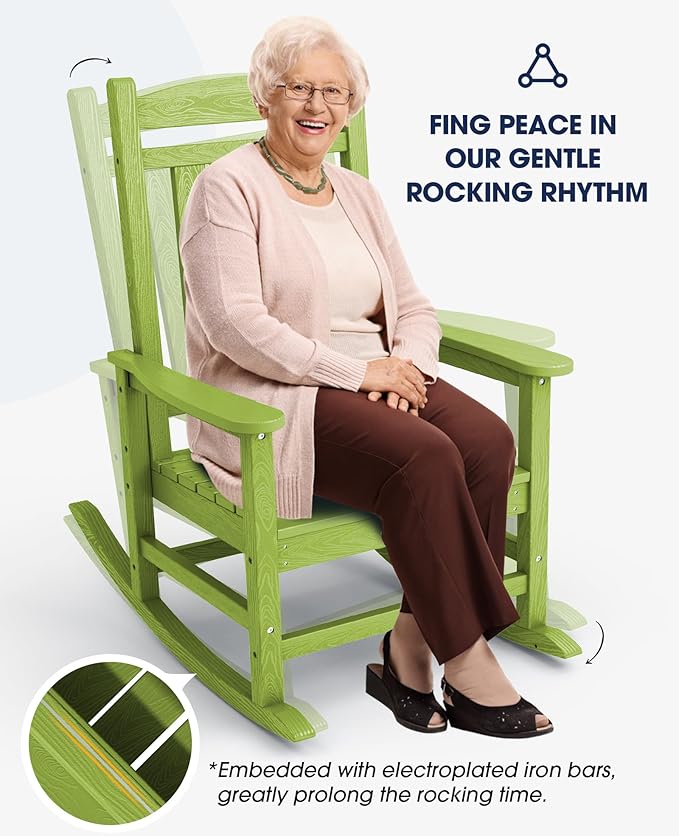 KINGYES HDPE Rocking Chairs Outdoor, Patio Rocking Chairs with 330lbs Support, Smooth Porch Rocker for Deck Lawn Yard, Pistachio Green - Image 7