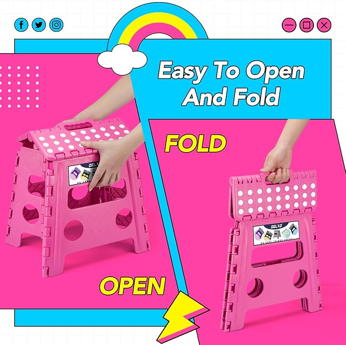 Delxo Folding Step Stool, 13 inch Non-Slip Foldable Stools for Kids & Adults Up to 300 LBS, Step Stool with Handle, Lightweight for Kitchen, Bathroom, Bedroom, Garden, Rose Pink, 1PC - Image 7