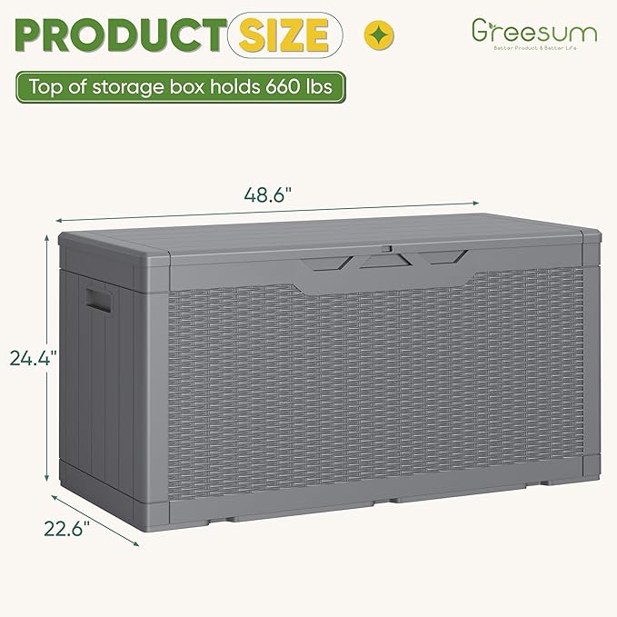 Greesum Outdoor Storage Box 100 Gallon Storage Bin with Lid for Patio Furniture, Garden Tools, Pool Supplies, Lockable, Waterproof and UV Resistant, Gray - Image 7