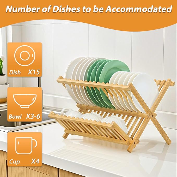 Bamboo Dish Drying Rack, Collapsible 2-Tier Dish Drainer Kitchen Plate Rack - Image 7