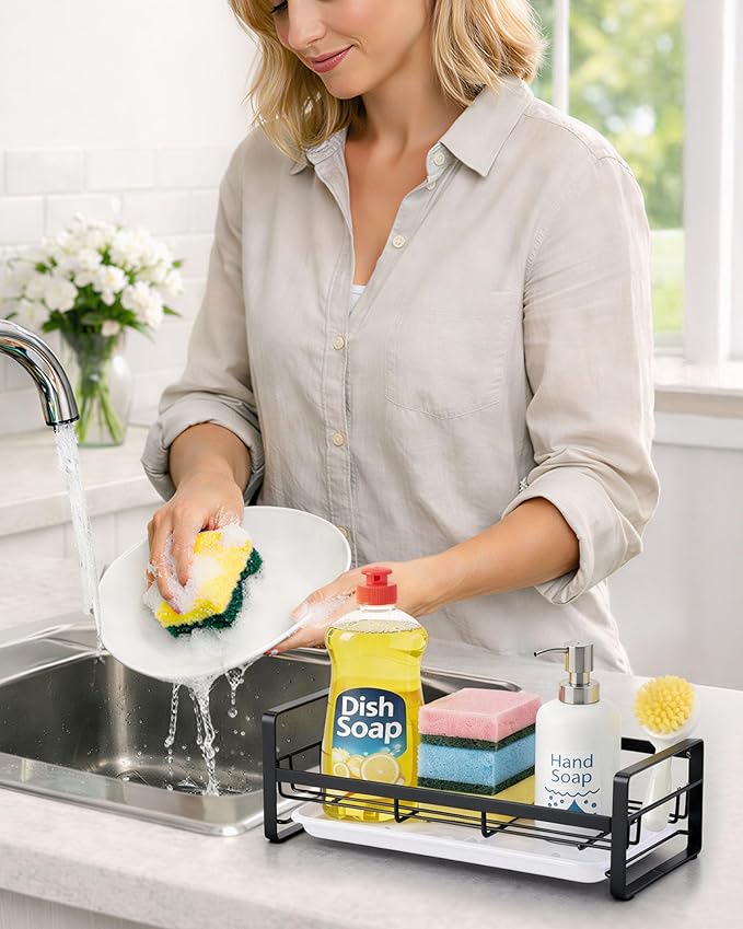 HULISEN Large Sponge Holder, 304 Stainless Steel Kitchen Soap Dispenser Caddy - Image 3