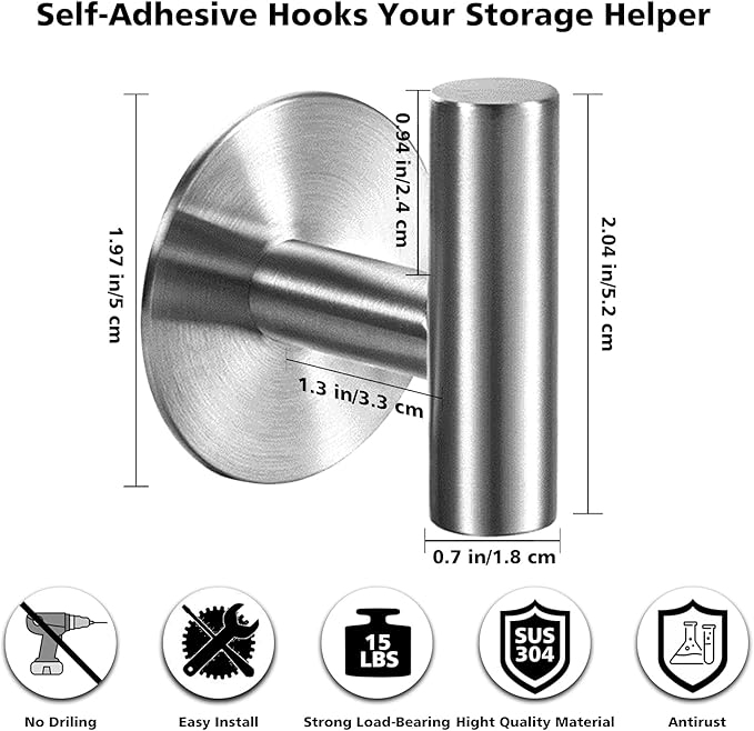 Adhesive Towel Hooks Heavy Duty Wall Hooks Stainless Steel Waterproof Shower - Image 3