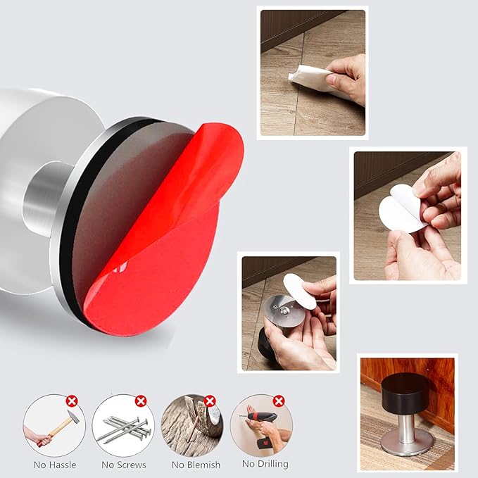 Door Stoppers with Extra Stickers, Self-Adhesive Door Stop with White Rubber & - Image 6