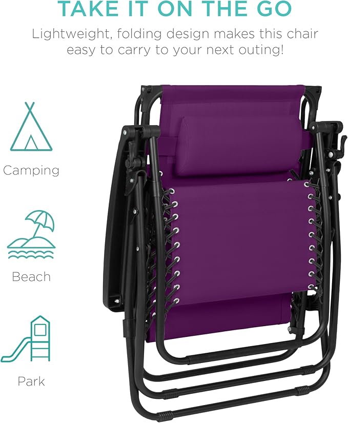 Best Choice Products 30” Wide Folding Zero Gravity Outdoor Recliner Patio Lounge Chair w/Adjustable Canopy Shade, Headrest, Side Accessory Tray - Amethyst Purple - Image 9