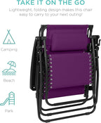 Best Choice Products 30” Wide Folding Zero Gravity Outdoor Recliner Patio Lounge Chair w/Adjustable Canopy Shade, Headrest, Side Accessory Tray - Amethyst Purple - Image 9