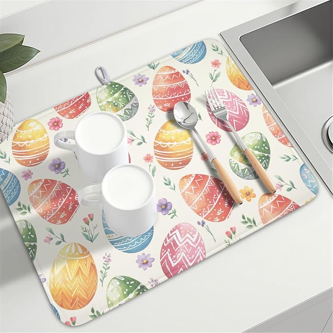 Easter Dish Drying Mat for Kitchen Counter Colorful Easter Eggs Floral Pattern - Image 8