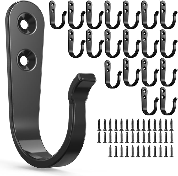20-Pack Towel Hooks for Bathroom, Heavy Duty Black Metal Wall Hooks for Robe by BREYDROK