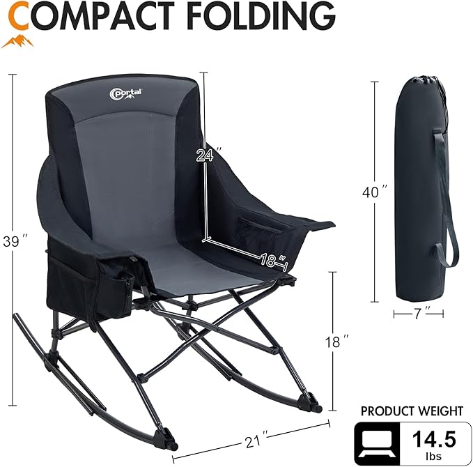 Portal Camping Rocking Chair Outdoors Folding Portable Rocker with Cup Holder Side Pocket Carry Bag, Support 350LBS, Black - Image 2