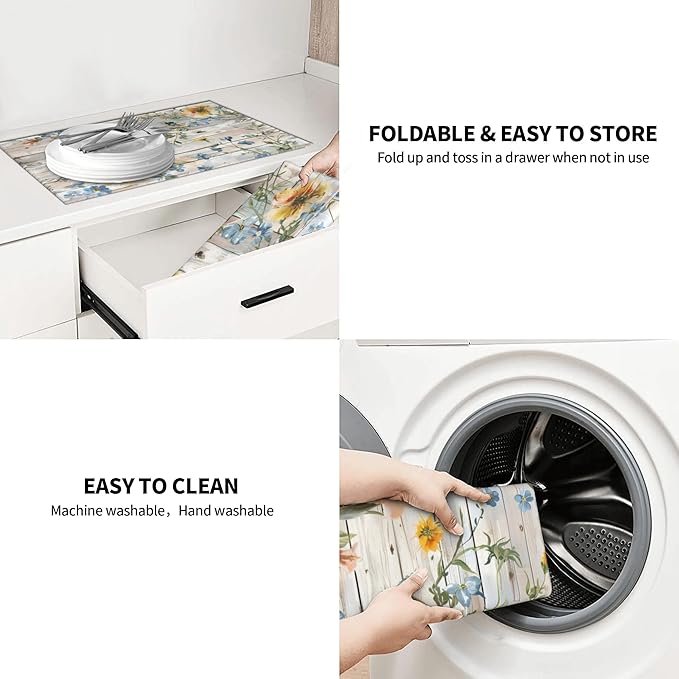 Flowers on Wooden Board Dish Drying Mat 18x24 Inch, Microfiber Absorbent Fast - Image 8