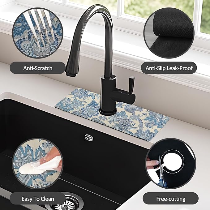 15" X 5.5" Kitchen Sink Splash Guard Faucet Mat Floral Super Absorbent Fast - Image 6