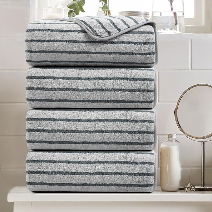 Oliven 4 Piece Grey Cabana Stripe Large Bath Towels Oversized Bath Sheet Super by Oliven