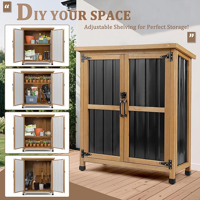 PetsCosset Weatherproof Outdoor Storage Cabinet with Lockable Doors, Wood & Metal Garden Storage Shed Patio Storage Box for Tools & Lawn Equipment, Pool Accessories - Image 6