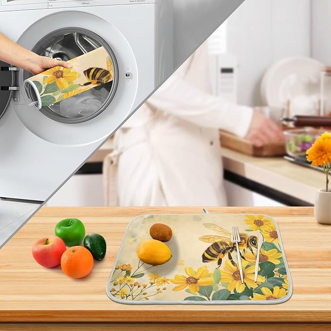 Honey Bee Dish Drying Mat for Kitchen Counter Absorbent Microfiber Large Drying - Image 4