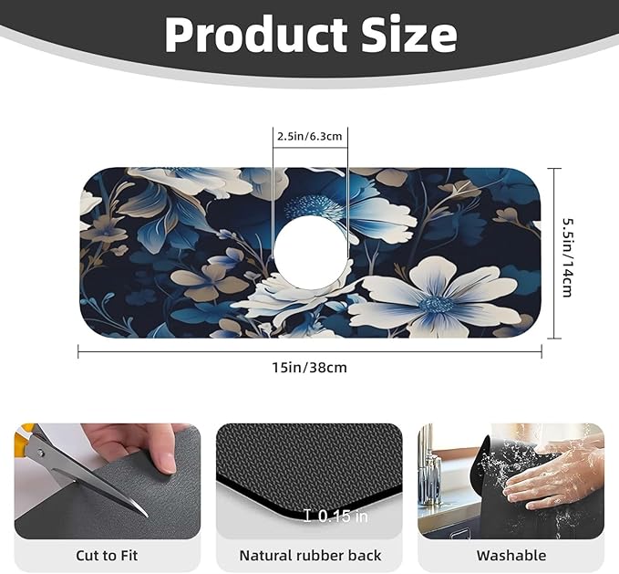 Blue flowers Kitchen sink faucet pad, strong water absorption, anti slip - Image 2