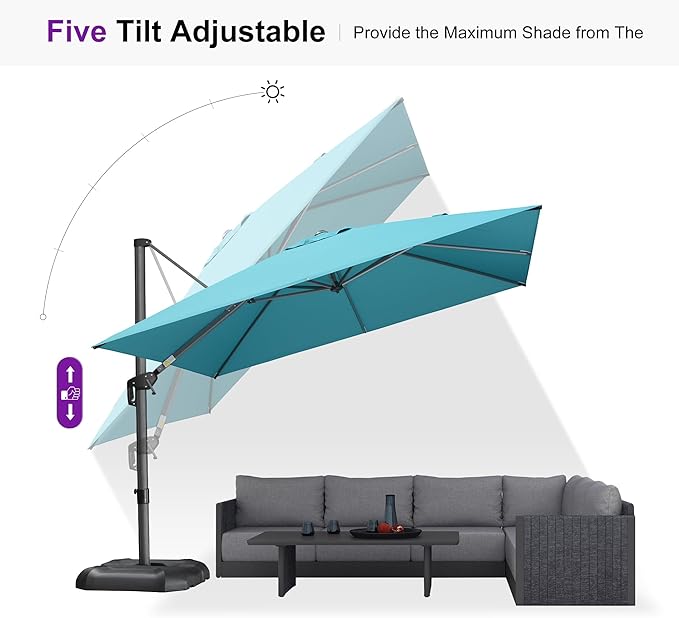PURPLE LEAF 10'×10' Patio Umbrella with Base and Cover Outdoor Umbrella Large Cantilever Windproof Offset Heavy Duty Sun Umbrella for Garden Deck Pool Patio Turquoise Blue - Image 8