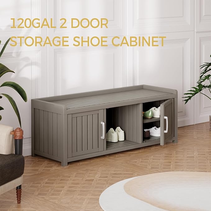 Storage Bench - Waterproof Resin Shoe Bench with Adjustable Shelves - Indoor & Outdoor Use, 2 Doors Entryway Bench with Hidden Storage Space - Storage Cabinet for Bedroom, Hallway, Grey - Image 8