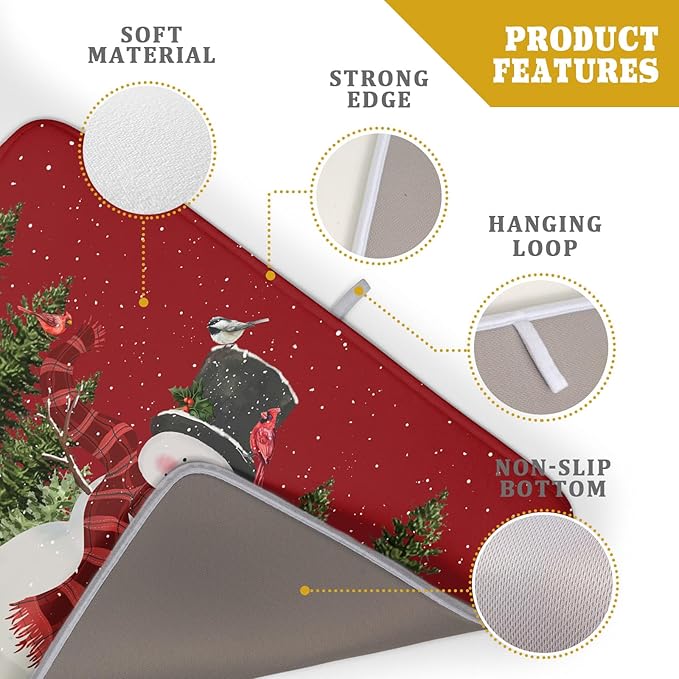 Christmas Dish Drying Mat for Kitchen Counter Red Xmas Snowman Trees Birds - Image 4