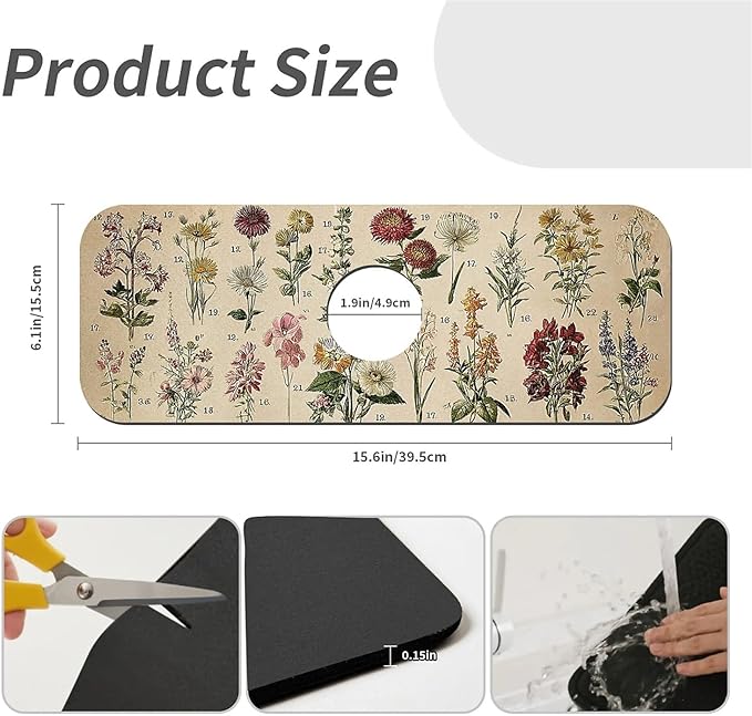 Kitchen Sink Splash Guard，Vintage-wildflowers Faucet Mat Sink Gadgets-Super - Image 3