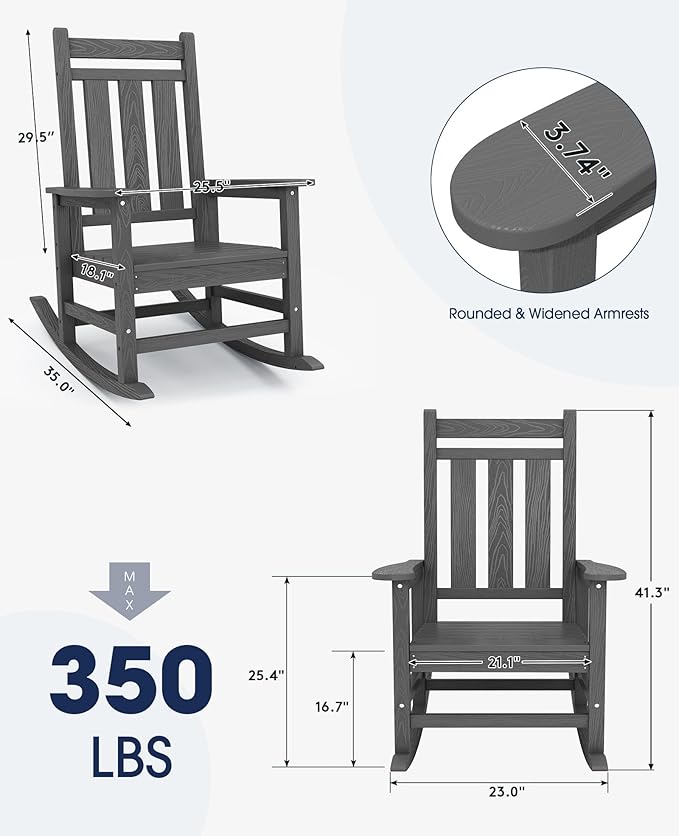 KINGYES Oversized Outdoor Rocking Chair Set of 8, All-Weather Patio Rocking Chairs for Porch, HDPE Outdoor Patio Rockers with High Back & Wide Seat for Garden, Lawn, Gray - Image 3