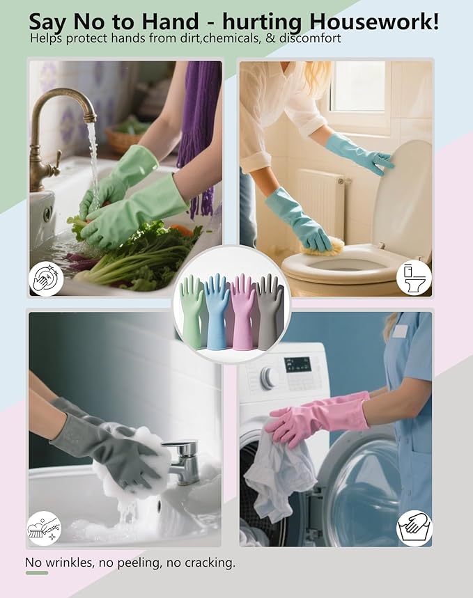 Rubber Cleaning Gloves for Dishwashing, 4 Pairs Reusable Kitchen Gloves for - Image 5