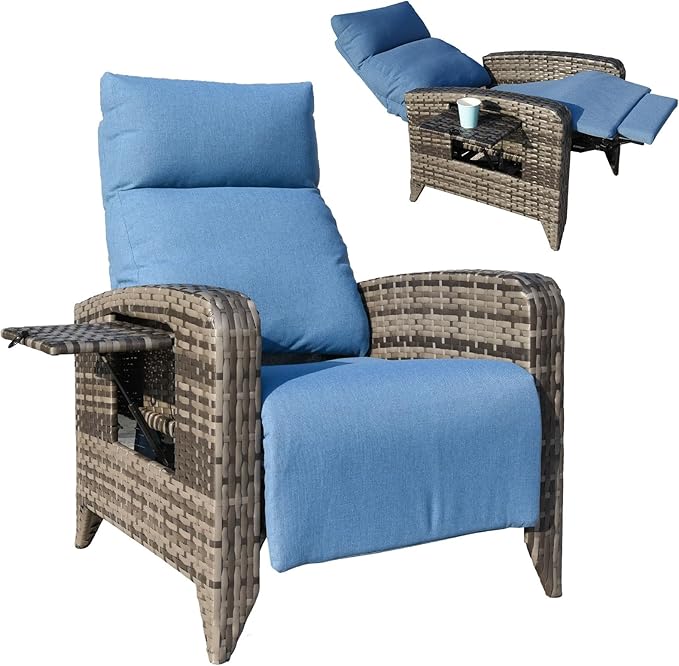 Outdoor Recliner Chairs Set of 2, Reclining Patio Chairs with Adjustable Back up to 150°Lay Flat and Extended Footrest, Wicker Recliner Chairs with Flip Table and Removable Olefin Cushion by zzw