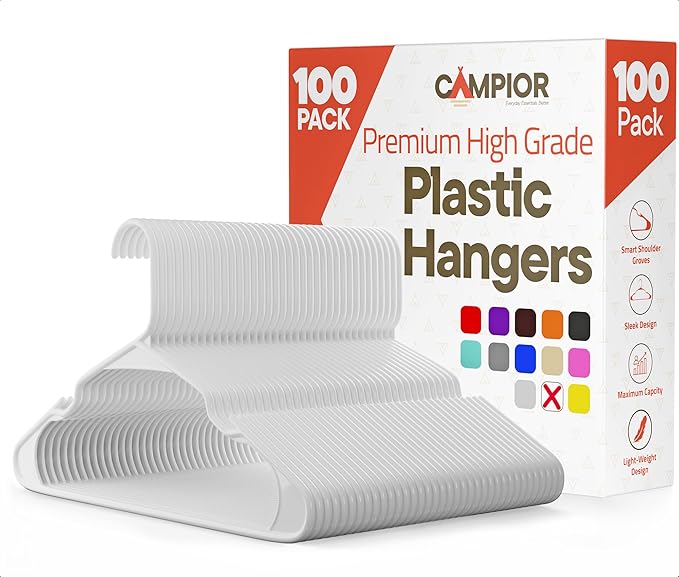 White Plastic Hangers 100 Pack– Heavy-Duty Plastic Hangers Slim and Space-Saving by Campior