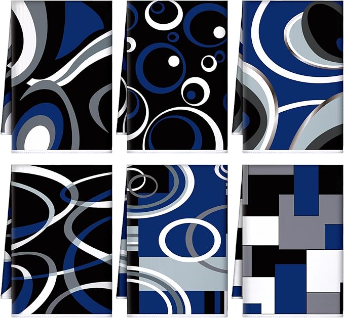 Boyiee Set of 6 Black Gray Blue Kitchen Towels Modern Geometric Dish Hand by Boyiee