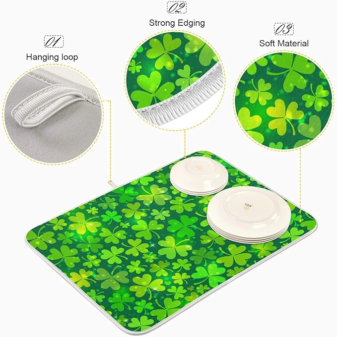 Qilmy St. Patrick's Day Shamrock Dish Drying Mat Water Absorption Tableware - Image 4