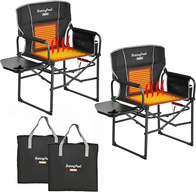 SUNNYFEEL Heated Camping Directors Chair, Heavy Duty,Oversized Outdoor Portable Heating Folding Chair with Side Table, Pocket for Beach, Fishing,Trip,Picnic,Lawn,Concert Foldable Camp Chairs by SunnyFeelCamping