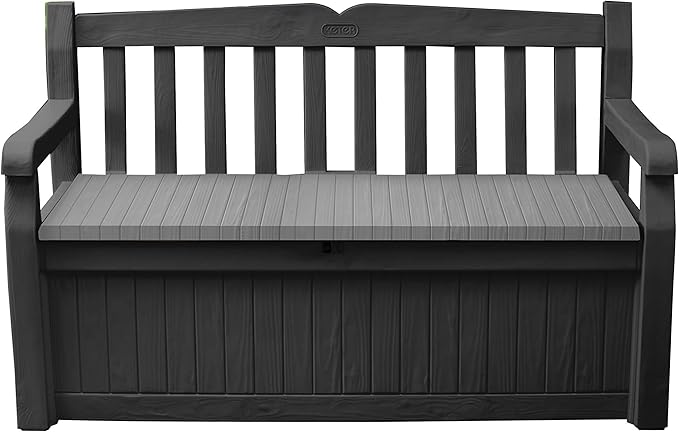 Keter Solana 70 Gallon Storage Bench Deck Box for Patio Storage, Front Porch Decor and Outdoor Seating – Perfect to Store Garden Tools and Pool Floats, Graphite by Keter