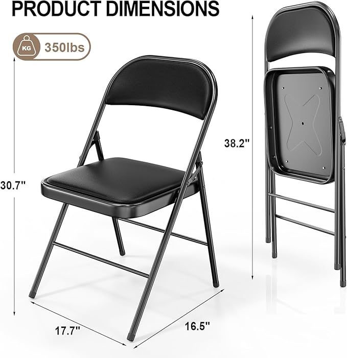 VINGLI 6 Pack Folding Chairs with Padded Seats, Metal Frame with Pu Leather Seat & Back, Capacity 350 lbs, Black - Image 3