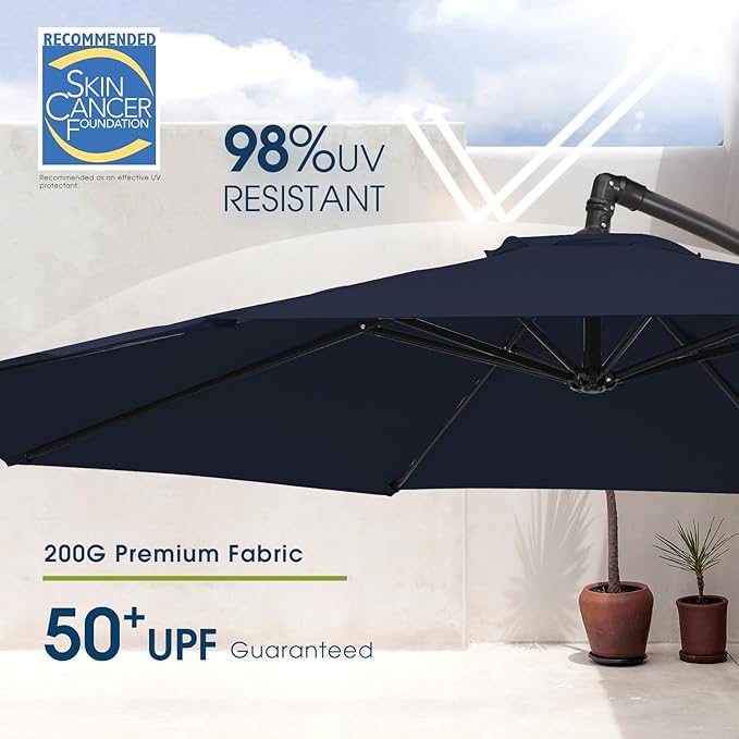 wikiwiki 10ft Patio Umbrella with Base Included, Outdoor Offset Cantilever Umbrella with Sandbag Base for Backyard, Garden and Pool, Easy to Tilt and Crank, Navy Blue - Image 3