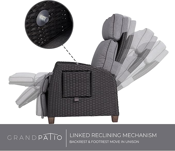 Grand patio Outdoor Reclining Chairs with Extended Footrest 2-Piece Adjustable WickerPatio Lounge Recliner up to 15 with Flip Side Table, Cool Grey - Image 3
