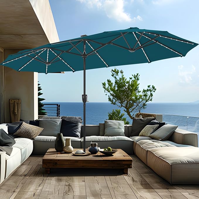 PHI VILLA 13ft Patio Umbrella with Solar-Powered 120 PCS LED Color-Changing Lights, Triple-Head Large Rectangle Umbrella Outdoor Patio for Table with Crank Lift,Cyan(No Base) by PHIVILLAThepioneerofcomfortablehouseholdsupplies